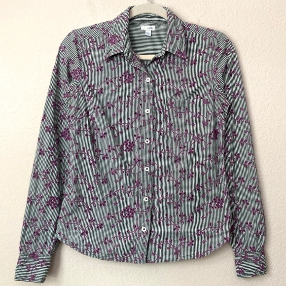 Anthropologie Tops - Anthropologie Gingham Embroidered Floral Eyelet Button Down Shirt Top by Odille